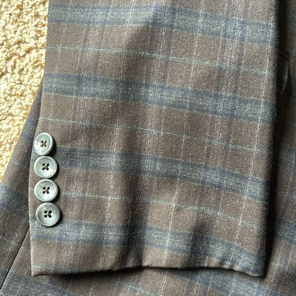 *Luxury* J. Hilburn Brown Blue Plaid 2 Btn Lightweight Flannel Wool Suit 46